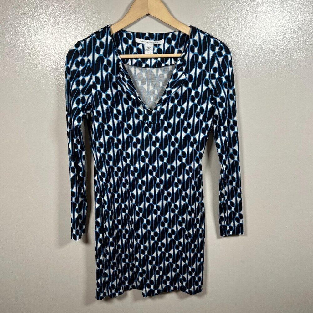 DVF Diane Von Furstenberg Reina Dress Size 2 Silk Blue Black Long Sleeve Shift